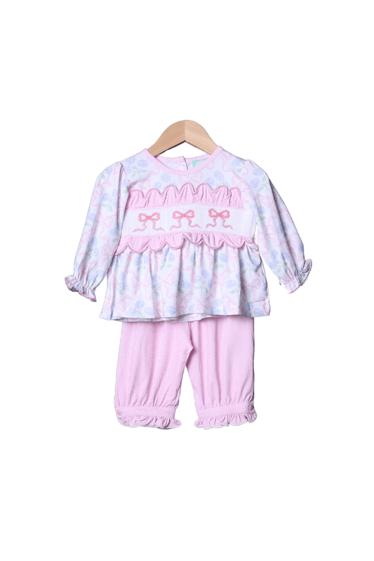 The Smocked Flamingo Apparel & Accessories Smocked Bow Hydrangea Pink Gingham Pant Set