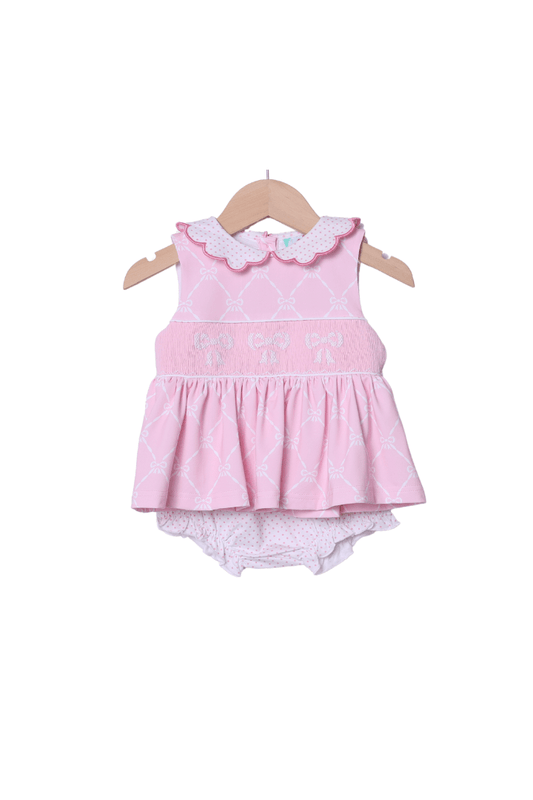 The Smocked Flamingo Apparel & Accessories Smocked Bow Pink trellis Knit Bloomer Set