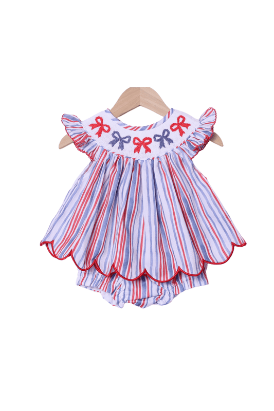 The Smocked Flamingo Apparel & Accessories Smocked Bow Red White and Blue Bishop Bloomer Set