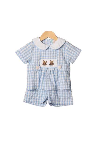 The Smocked Flamingo Apparel & Accessories Smocked Bow Tie Bunny Blue Gingham Short Set