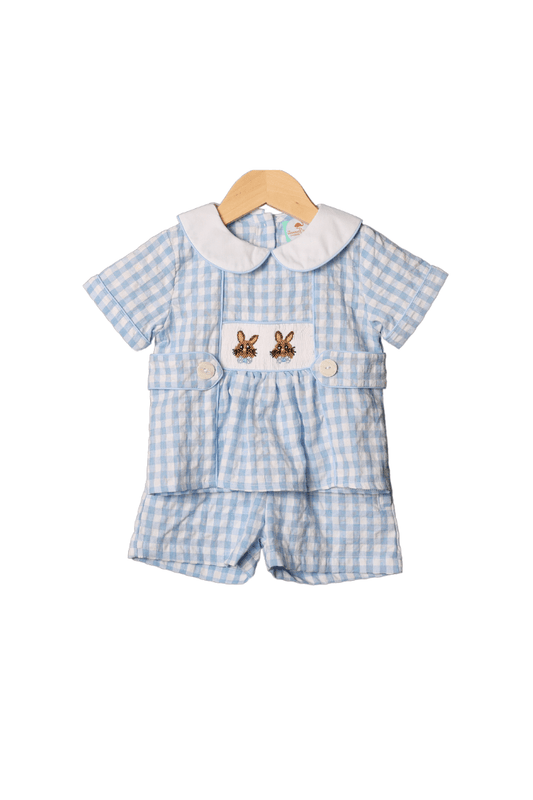 The Smocked Flamingo Apparel & Accessories Smocked Bow Tie Bunny Blue Gingham Short Set