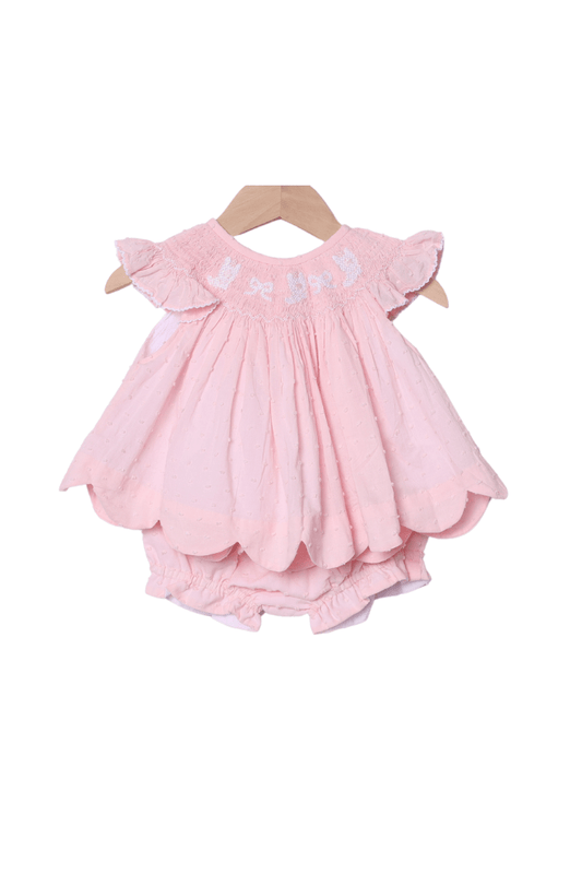 The Smocked Flamingo Apparel & Accessories Smocked Bows and Boots Pink Swiss Dot Scalloped Bloomer Set
