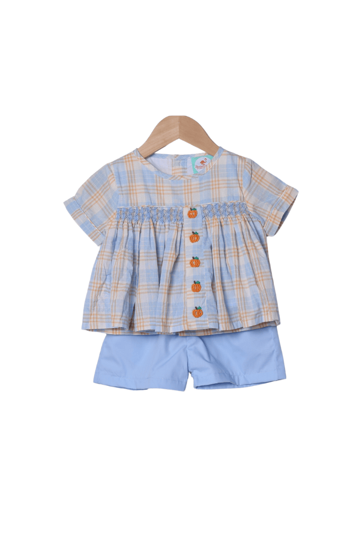 The Smocked Flamingo Apparel & Accessories Smocked Bullion Pumpkin Blue and Orange Short Set