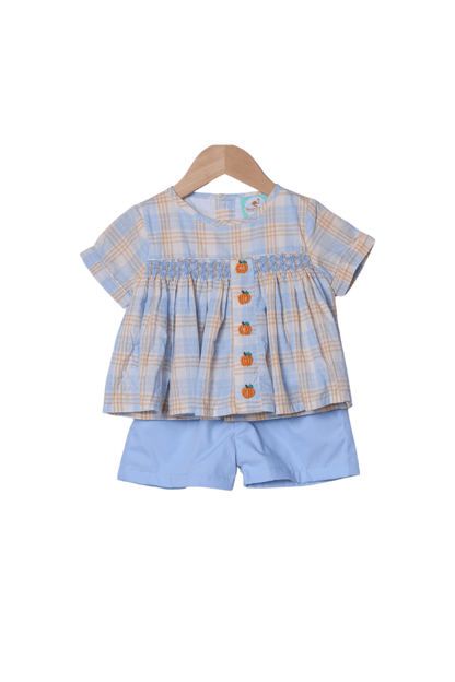 The Smocked Flamingo Apparel & Accessories Smocked Bullion Pumpkin Blue and Orange Short Set