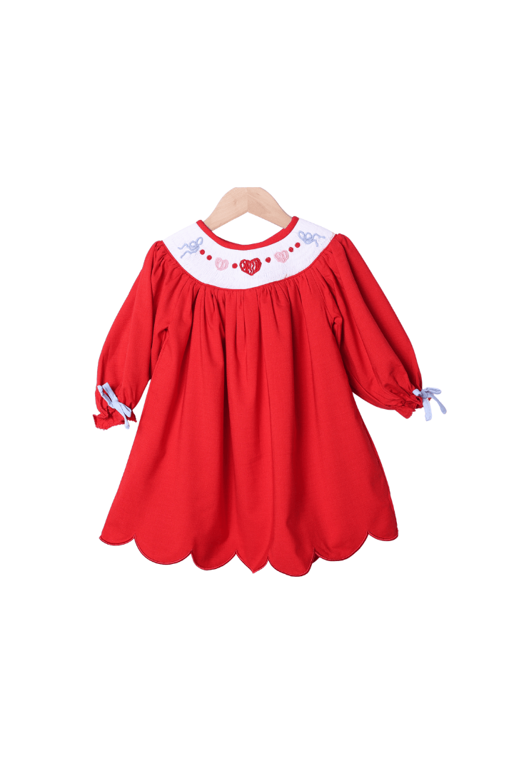The Smocked Flamingo Apparel & Accessories Smocked Bullion Sweet Heart Red Linen Bishop Dress