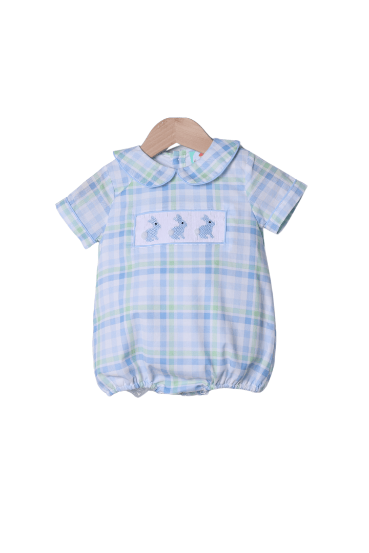 The Smocked Flamingo Apparel & Accessories Smocked Bunny Blue and Green Plaid Bubble