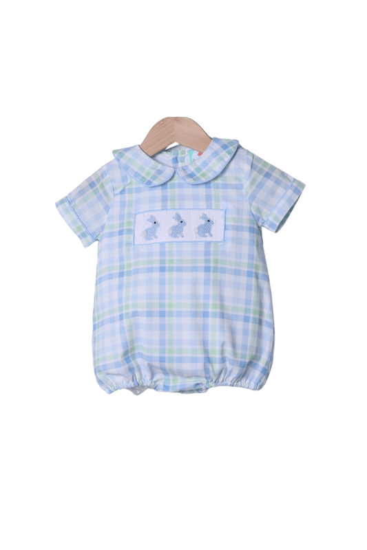 The Smocked Flamingo Apparel & Accessories Smocked Bunny Blue and Green Plaid Bubble