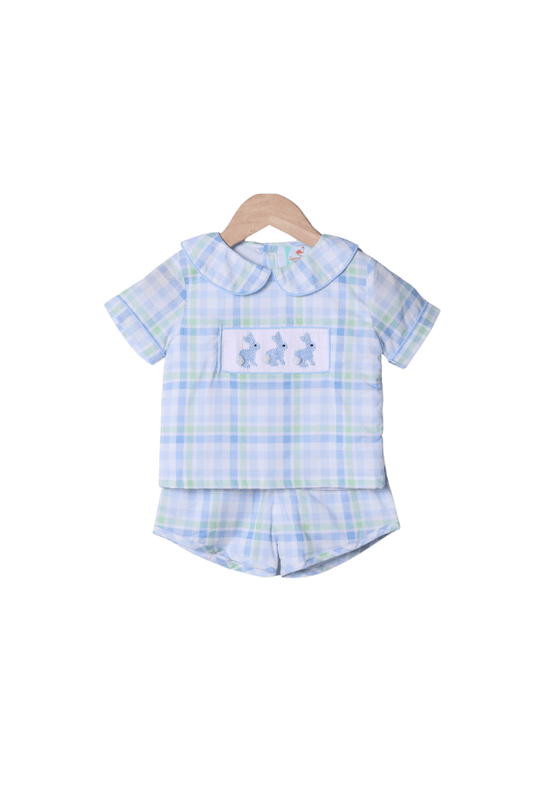 The Smocked Flamingo Apparel & Accessories Smocked Bunny Blue and Green Plaid Short Set