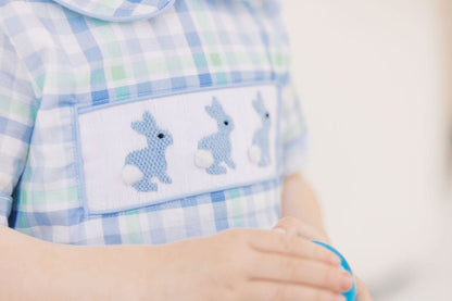 The Smocked Flamingo Apparel & Accessories Smocked Bunny Blue and Green Plaid Short Set