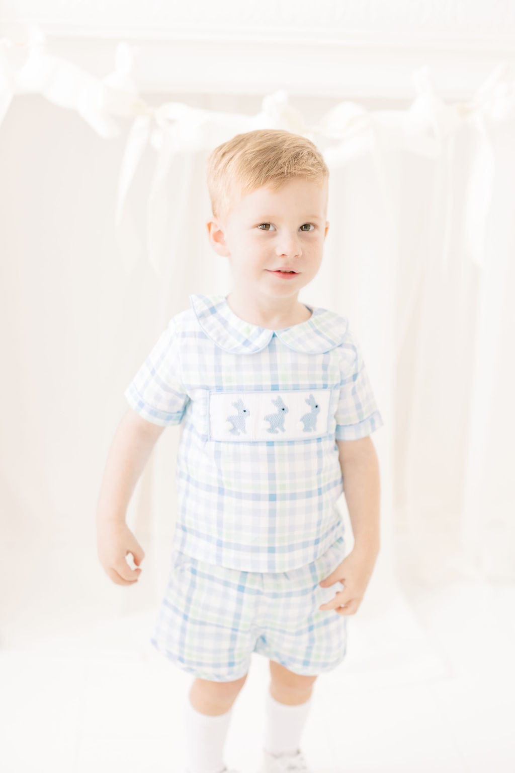 The Smocked Flamingo Apparel & Accessories Smocked Bunny Blue and Green Plaid Short Set