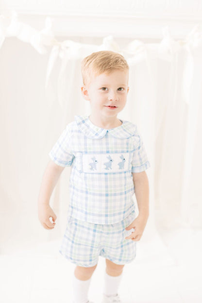 The Smocked Flamingo Apparel & Accessories Smocked Bunny Blue and Green Plaid Short Set