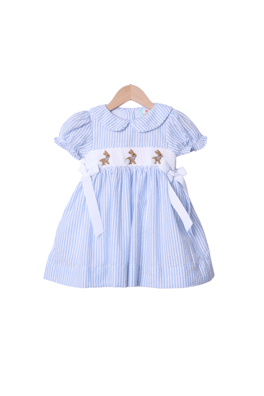 The Smocked Flamingo Apparel & Accessories Smocked Bunny Blue Seersucker Bow Dress