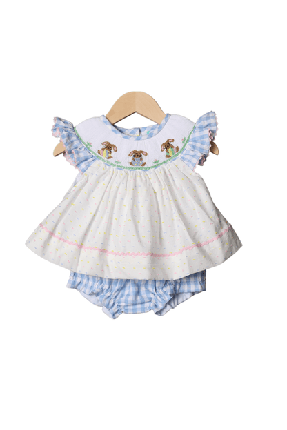 The Smocked Flamingo Apparel & Accessories Smocked Bunny Blue Seersucker Gingham Set