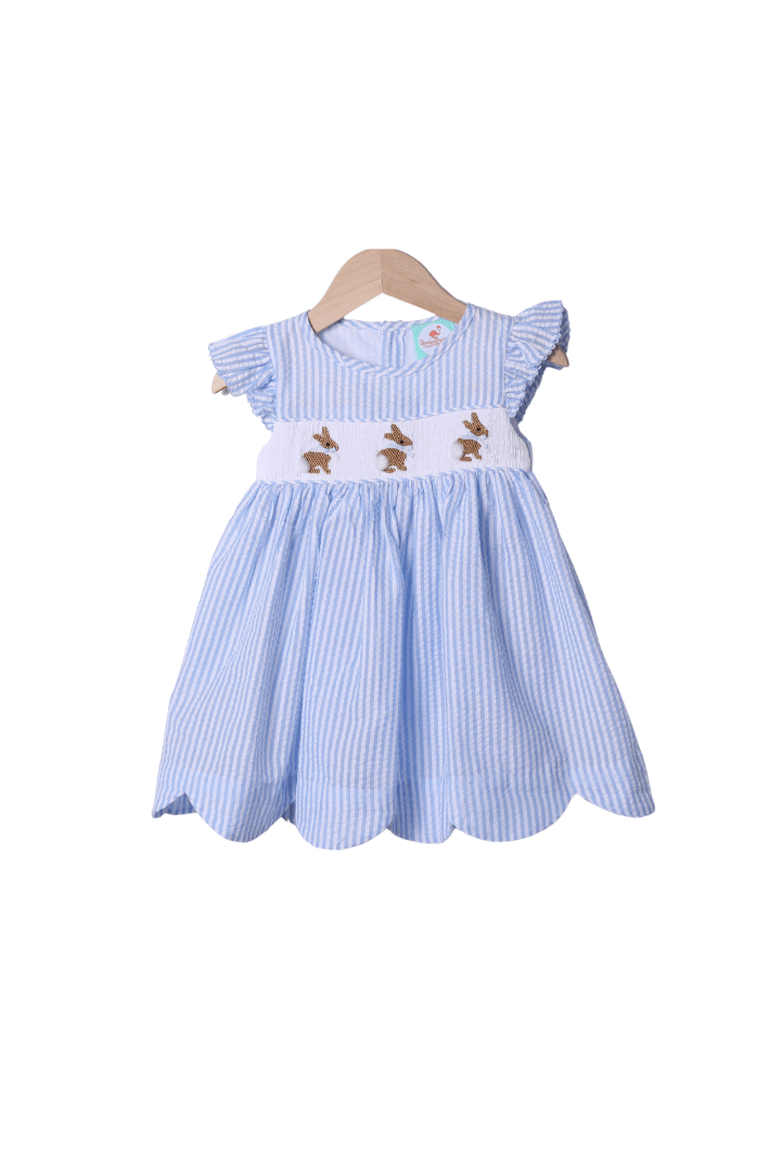 The Smocked Flamingo Apparel & Accessories Smocked Bunny Blue Seersucker Scalloped Dress