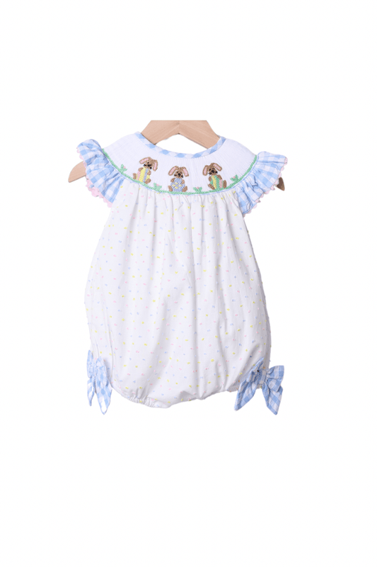 The Smocked Flamingo Apparel & Accessories Smocked Bunny Blue Swiss Dot Bubble