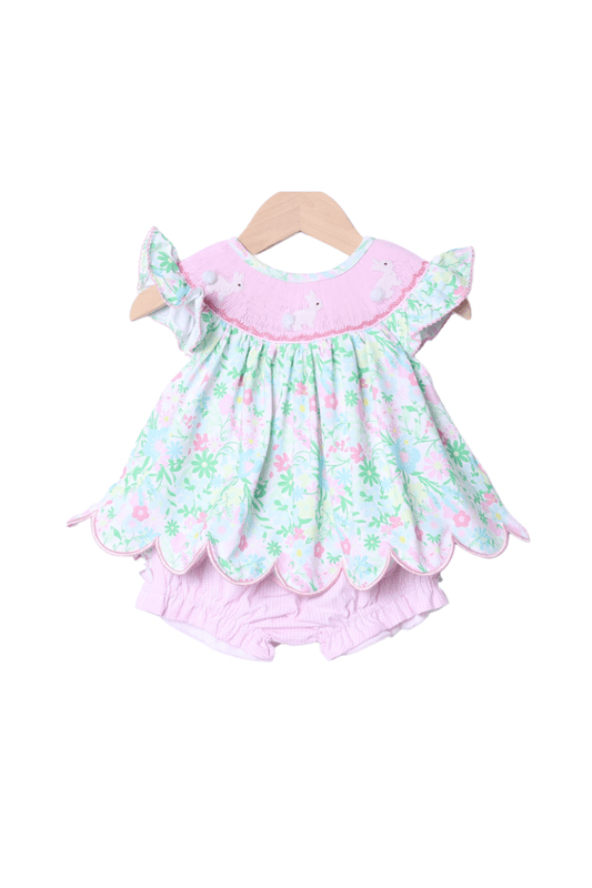 The Smocked Flamingo Apparel & Accessories Smocked Bunny Ellie Floral Bloomer Set