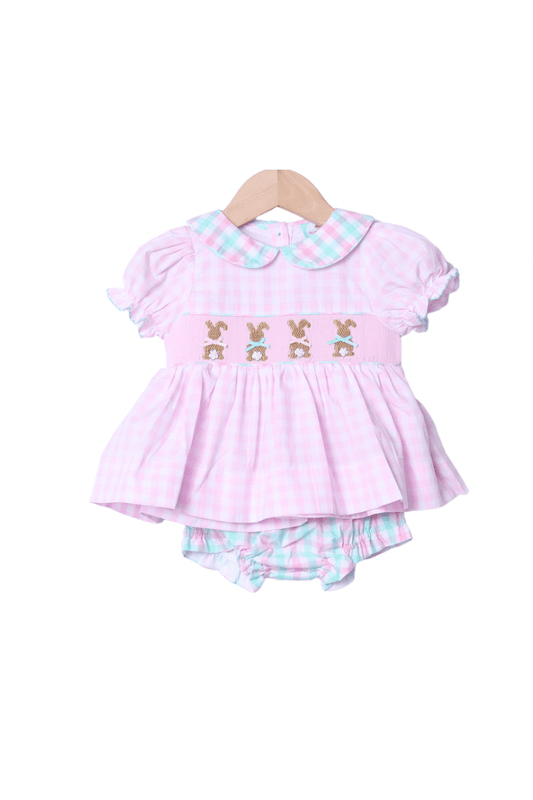 The Smocked Flamingo Apparel & Accessories Smocked Bunny Pink Gingham Bloomer Set