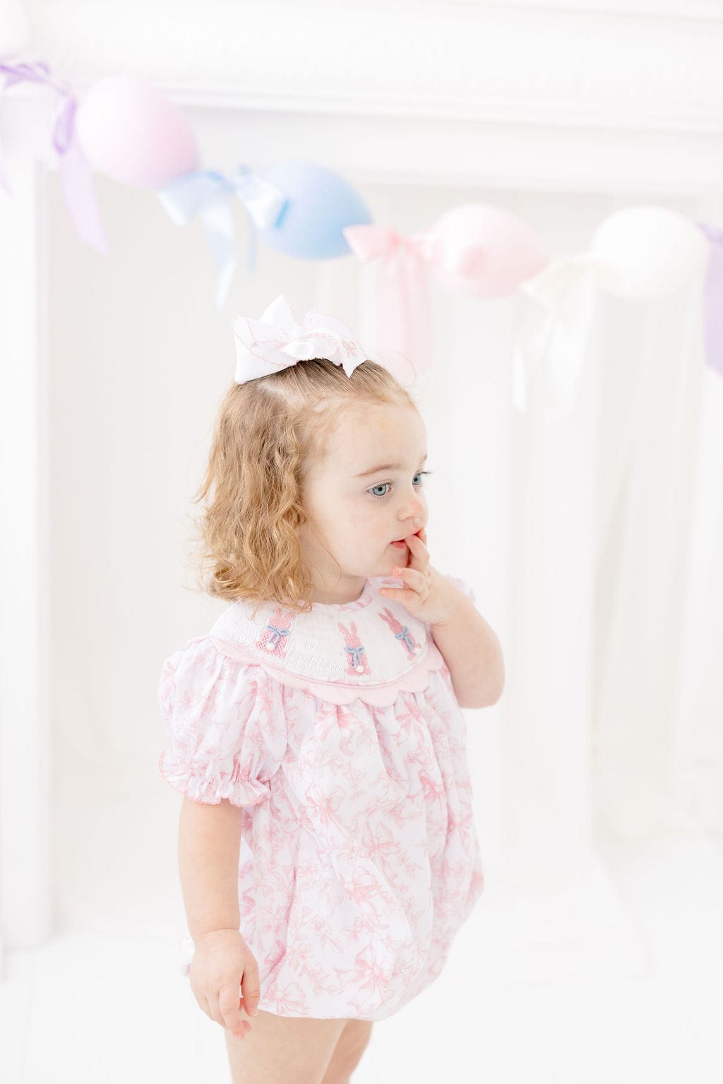 The Smocked Flamingo Apparel & Accessories Smocked Bunny Pink Toile Pearl Scalloped Bubble