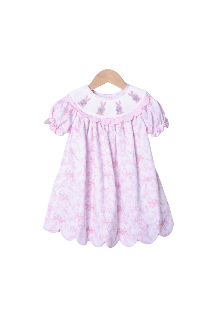 The Smocked Flamingo Apparel & Accessories Smocked Bunny Pink Toile Pearl Scalloped Dress