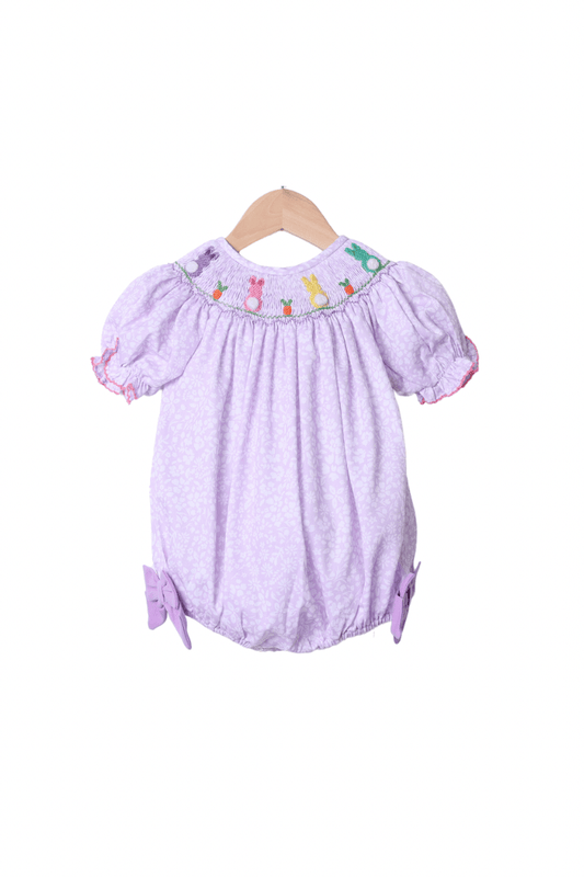 The Smocked Flamingo Apparel & Accessories Smocked Bunny Purple Floral Bishop Bubble