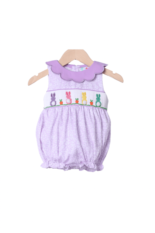 The Smocked Flamingo Apparel & Accessories Smocked Bunny Purple Floral Scalloped Bubble