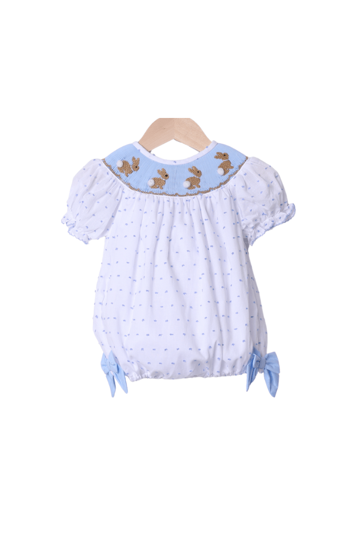 The Smocked Flamingo Apparel & Accessories Smocked Bunny White and Blue Swiss Dot Bubble