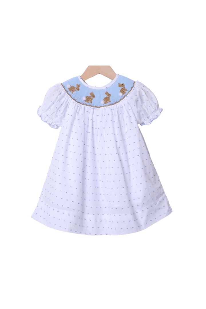 The Smocked Flamingo Apparel & Accessories Smocked Bunny White and Blue Swiss Dot Dress