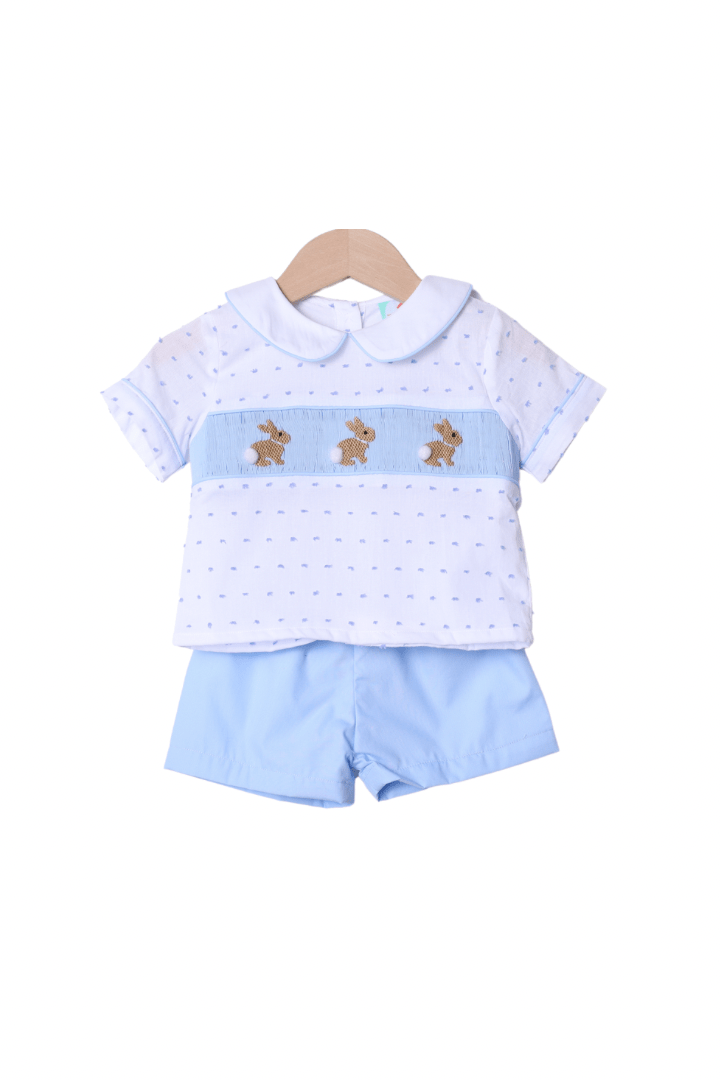 The Smocked Flamingo Apparel & Accessories Smocked Bunny White and Blue Swiss Dot Short Set