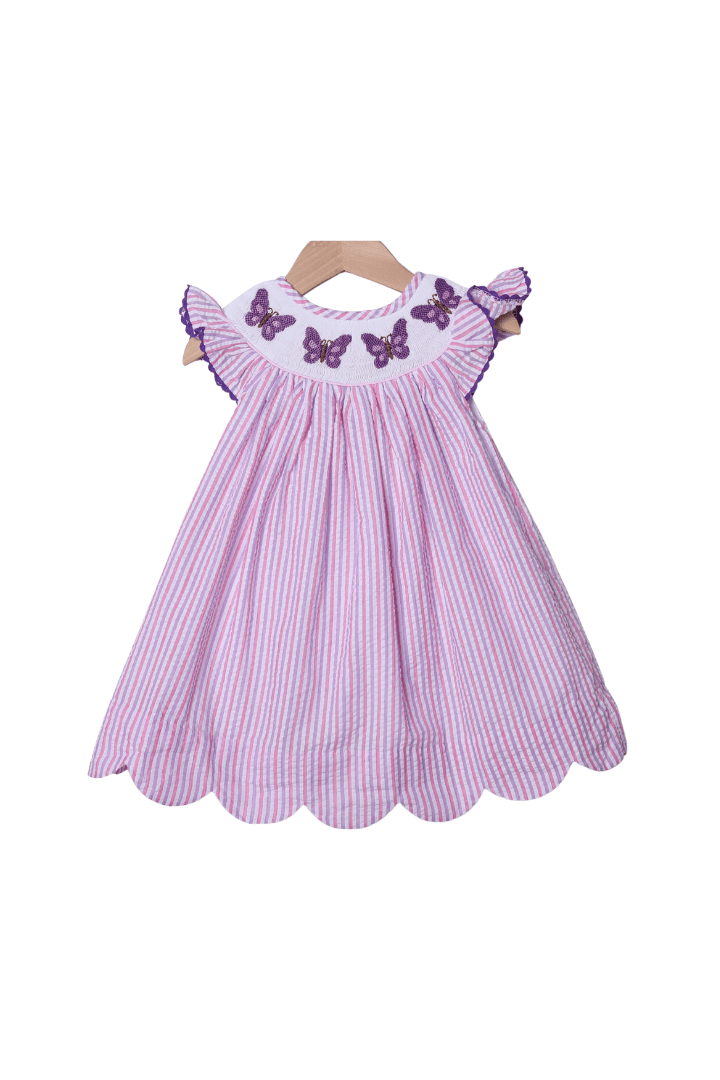 The Smocked Flamingo Apparel & Accessories Smocked Butterfly Lavender and Pink Seersucker Dress