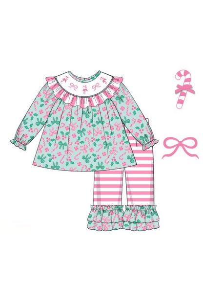 The Smocked Flamingo Apparel & Accessories Smocked Candy Cane Wishes Ruffle Pant Set