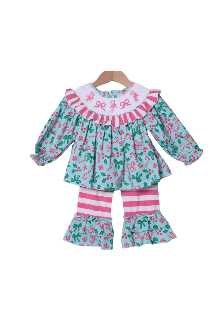The Smocked Flamingo Apparel & Accessories Smocked Candy Cane Wishes Ruffle Pant Set