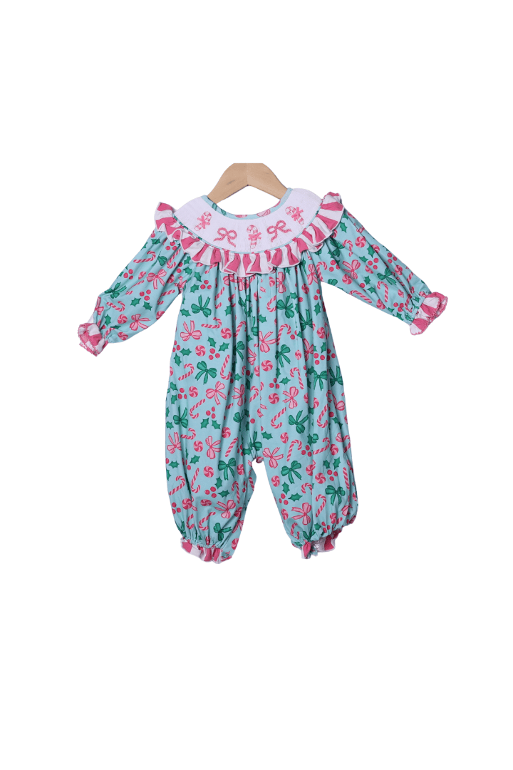 The Smocked Flamingo Apparel & Accessories Smocked Candy Cane Wishes Ruffle Romper