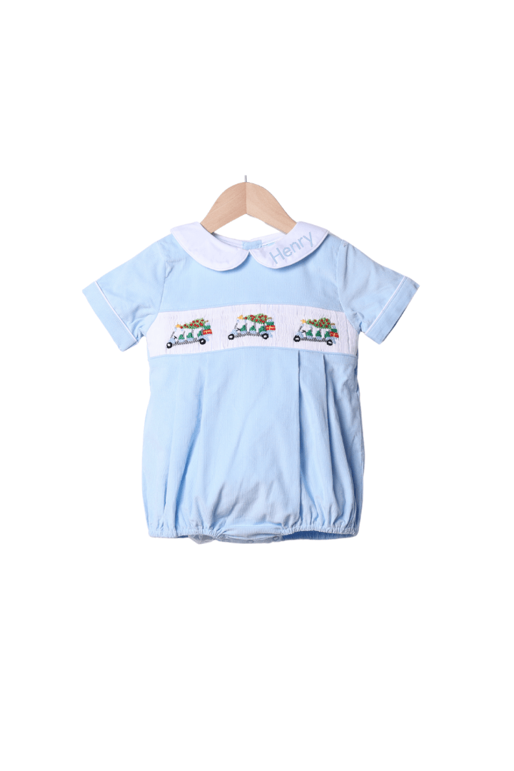 The Smocked Flamingo Apparel & Accessories Smocked Christmas Golf Cart Blue Corduroy Bubble
