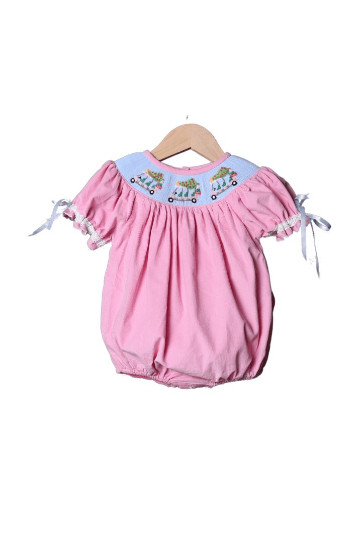 The Smocked Flamingo Apparel & Accessories Smocked Christmas Golf Cart Pink Corduroy Bubble