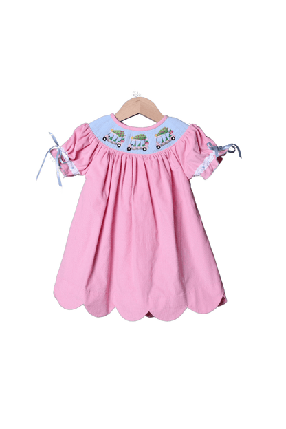 The Smocked Flamingo Apparel & Accessories Smocked Christmas Golf Cart Pink Corduroy Dress