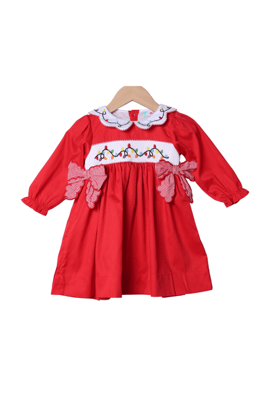 The Smocked Flamingo Apparel & Accessories Smocked Christmas Lights Red Dress