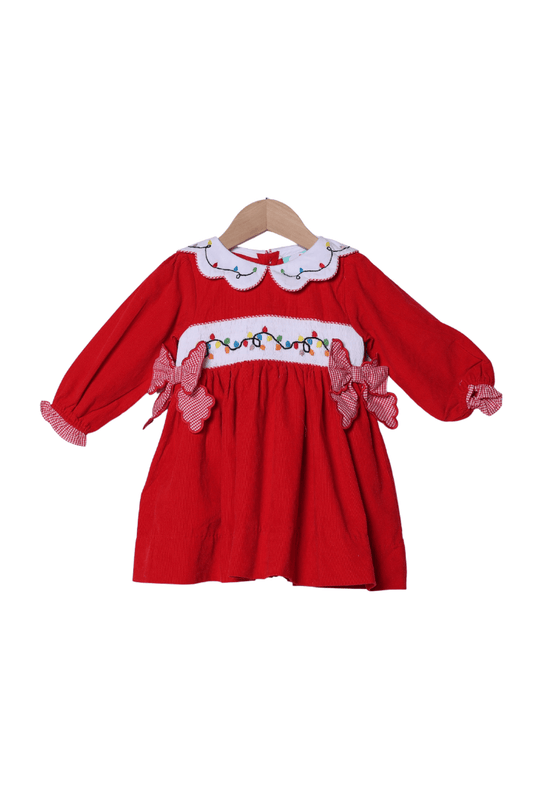 The Smocked Flamingo Apparel & Accessories Smocked Christmas Lights Red Dress