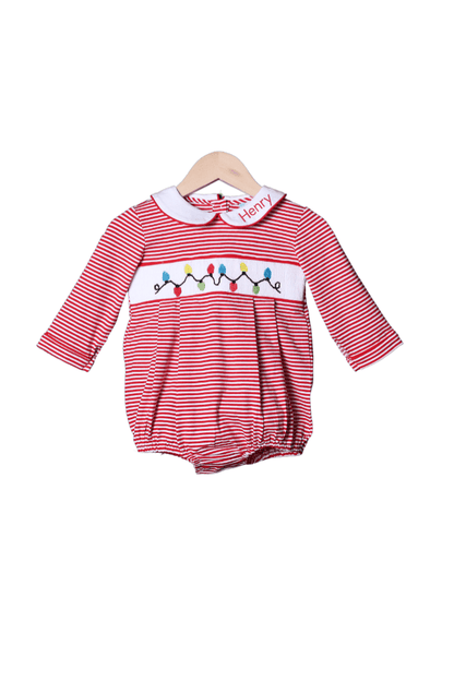 The Smocked Flamingo Apparel & Accessories Smocked Christmas Lights Red Stripe Bubble