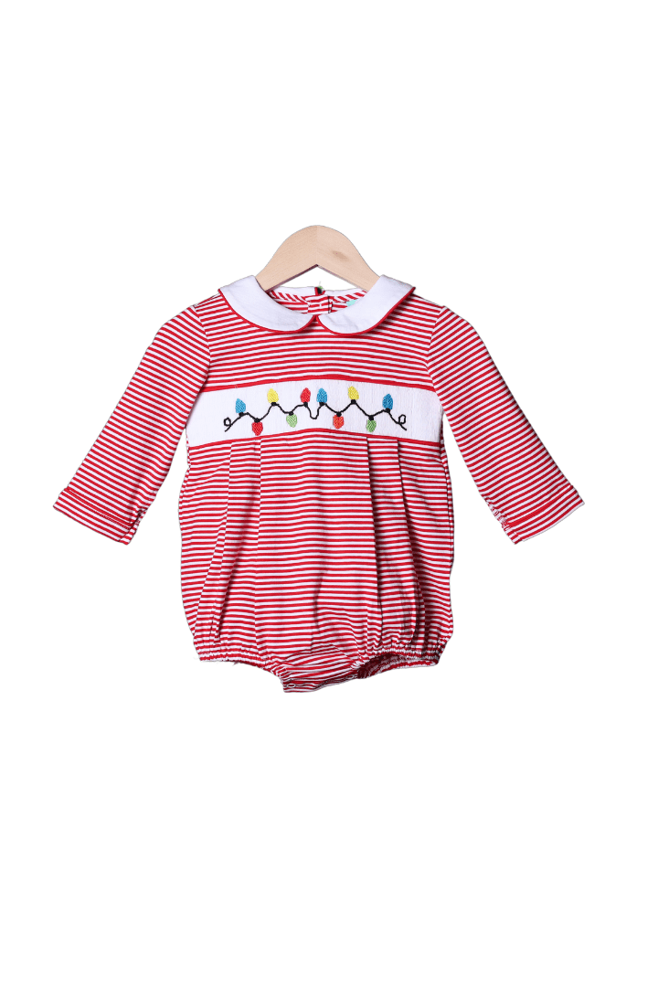 The Smocked Flamingo Apparel & Accessories Smocked Christmas Lights Red Stripe Bubble