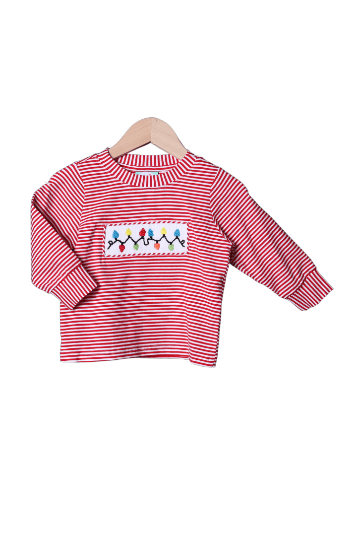 The Smocked Flamingo Apparel & Accessories Smocked Christmas Lights Red Stripe Shirt