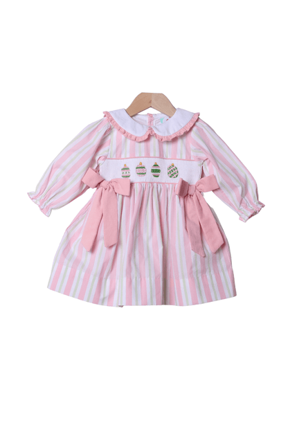 The Smocked Flamingo Apparel & Accessories Smocked Christmas Ornaments Pink and Green Stripe Dress
