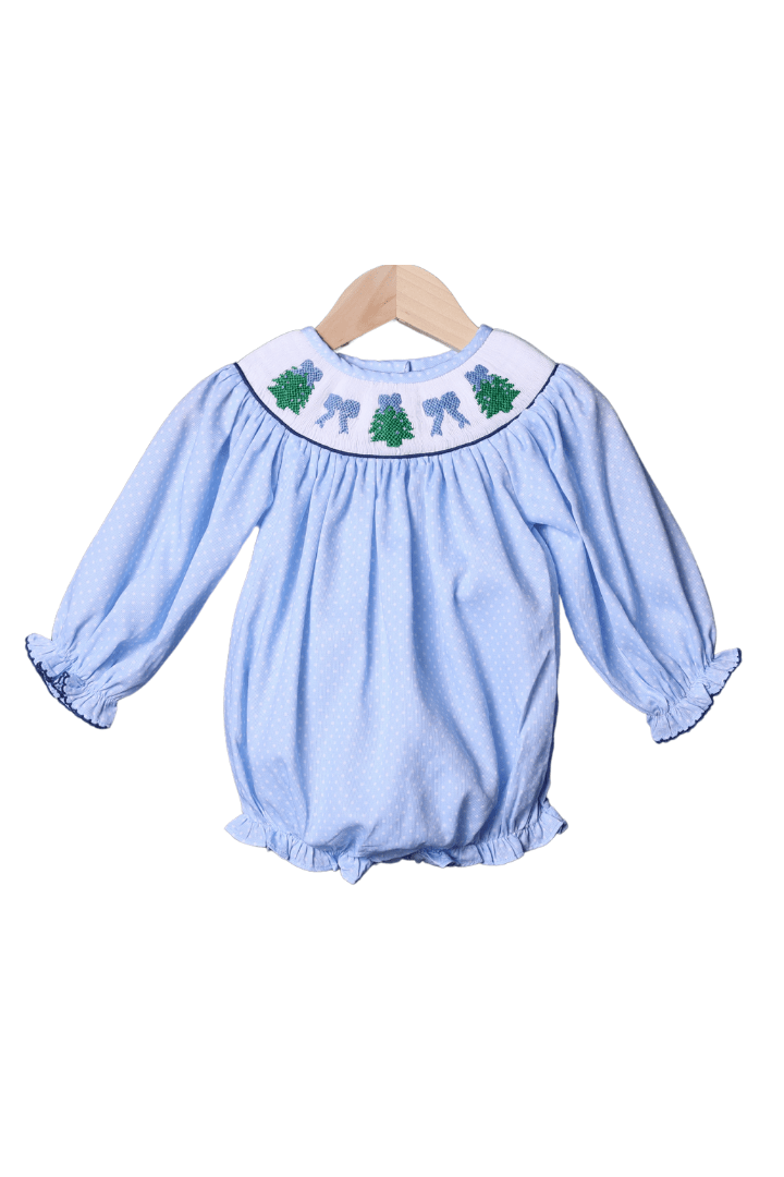 The Smocked Flamingo Apparel & Accessories Smocked Christmas Tree Blue Polka Dot Bishop Bubble