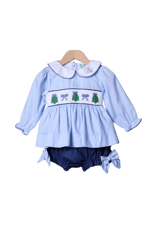 The Smocked Flamingo Apparel & Accessories Smocked Christmas Tree Blue Polka Dot Bow Bloomer Set