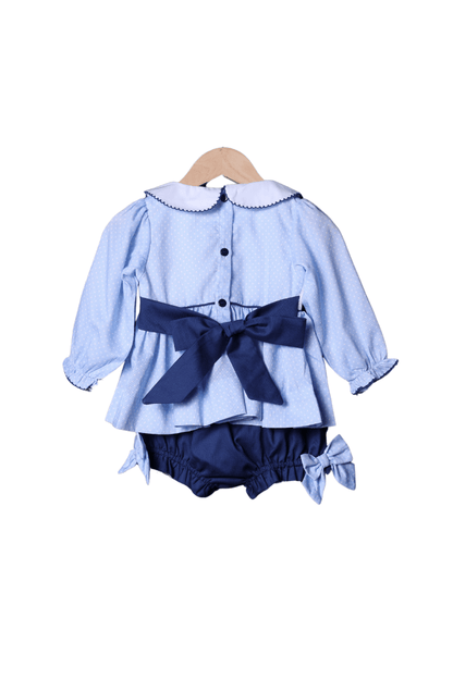 The Smocked Flamingo Apparel & Accessories Smocked Christmas Tree Blue Polka Dot Bow Bloomer Set