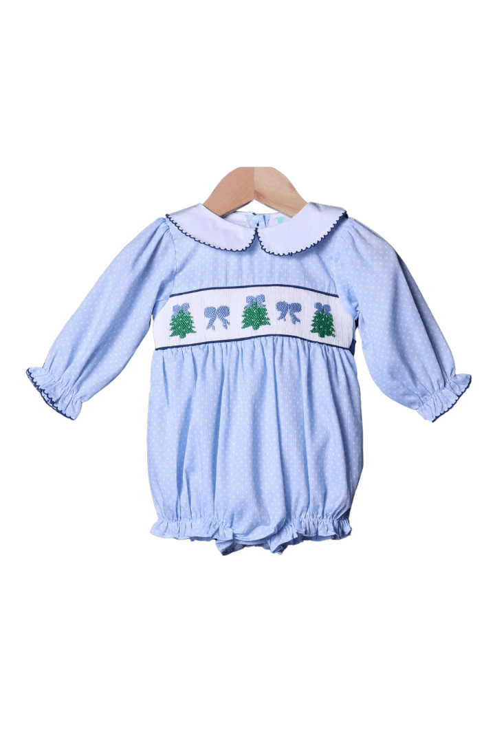 The Smocked Flamingo Apparel & Accessories Smocked Christmas Tree Blue Polka Dot Bow Bubble