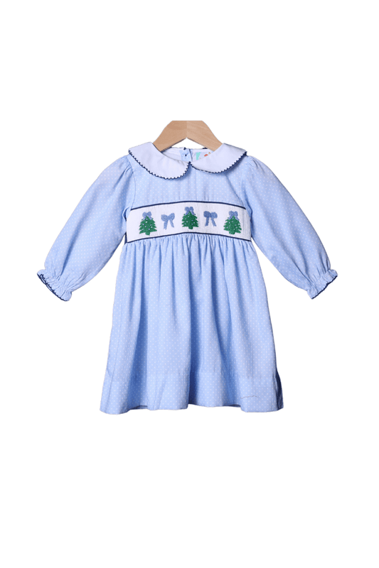 The Smocked Flamingo Apparel & Accessories Smocked Christmas Tree Blue Polka Dot Bow Dress