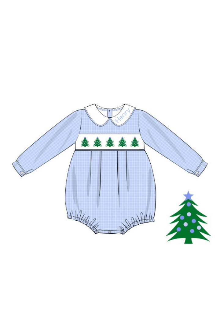 The Smocked Flamingo Apparel & Accessories Smocked Christmas Tree Blue Seersucker Bubble