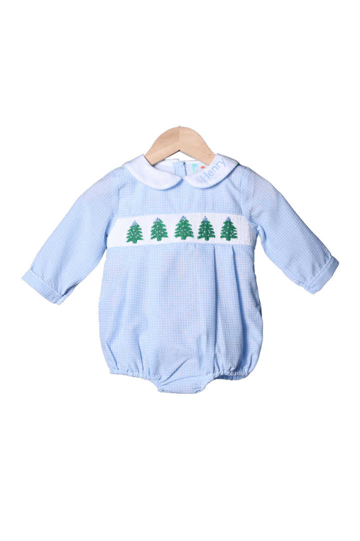 The Smocked Flamingo Apparel & Accessories Smocked Christmas Tree Blue Seersucker Bubble