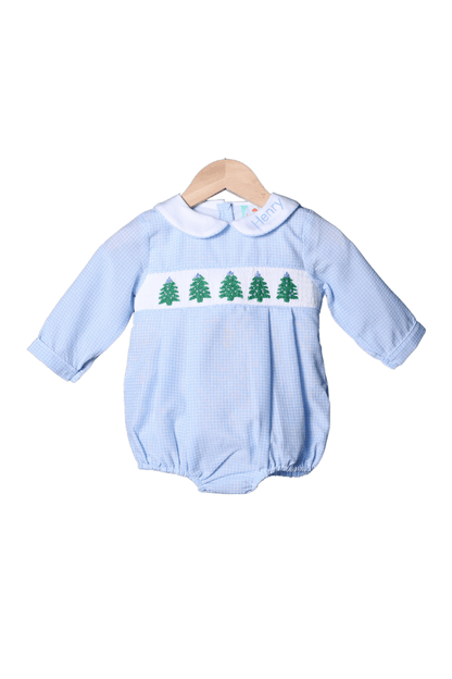 The Smocked Flamingo Apparel & Accessories Smocked Christmas Tree Blue Seersucker Bubble