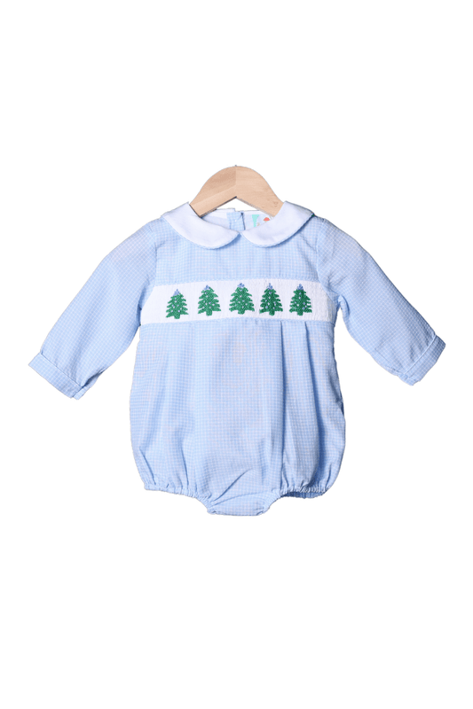 The Smocked Flamingo Apparel & Accessories Smocked Christmas Tree Blue Seersucker Bubble